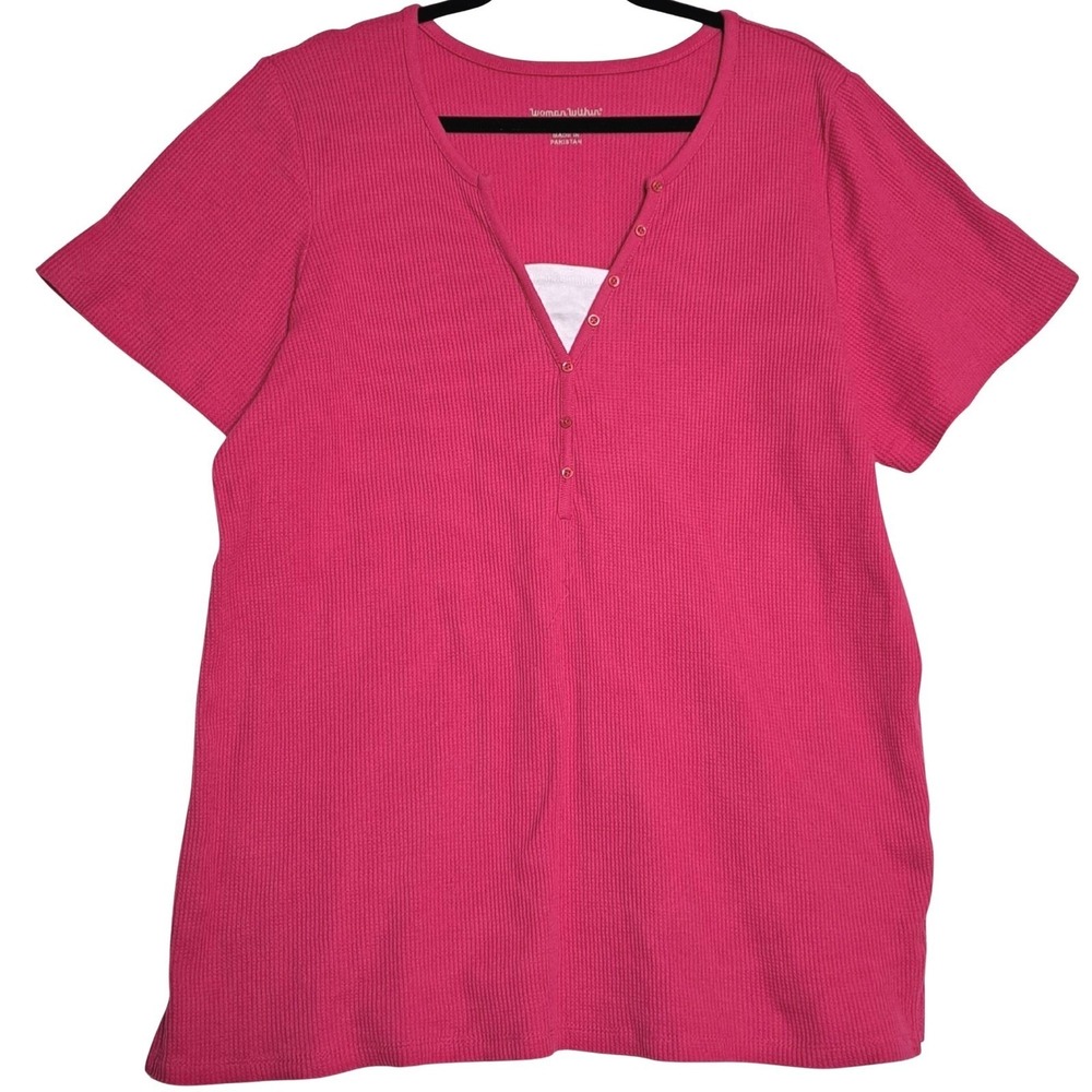 Woman Within Henley Top Womens 22/24 Pink Waffle Knit Short Sleeve Button Neck - Picture 4 of 13